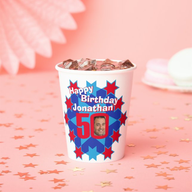 Star red blue 50th birthday two photos paper cups (Insitu)