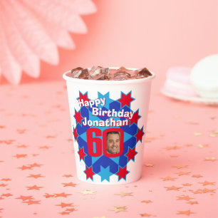 Star red blue 60th birthday two photos paper cups