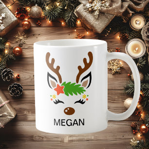 Star Reindeer Face Custom Name Holiday Coffee Mug