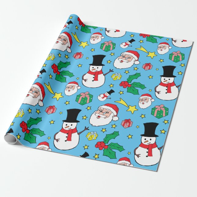 Star Santa Claus Snowman Christmas Pattern Blue Wrapping Paper (Unrolled)