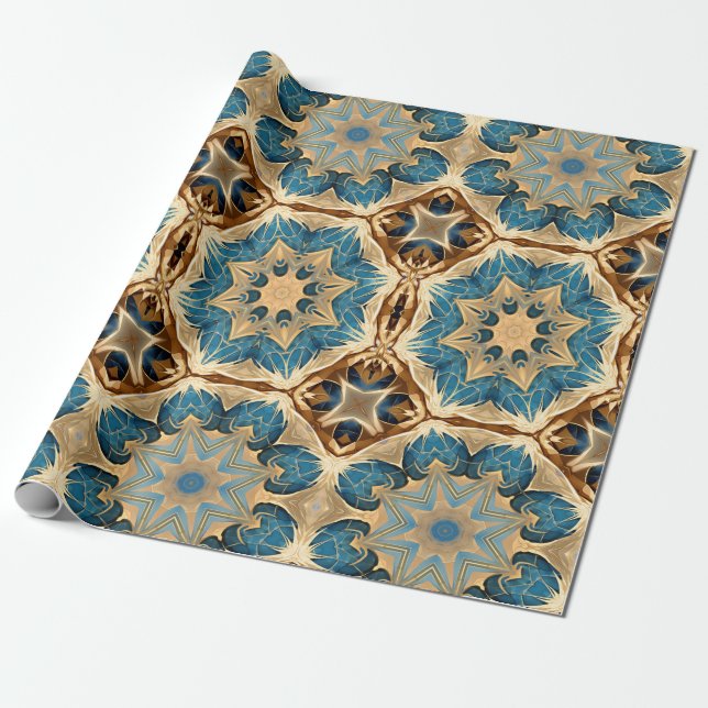 Star shapes Art Deco,Blue and Brown Wrapping Paper (Unrolled)