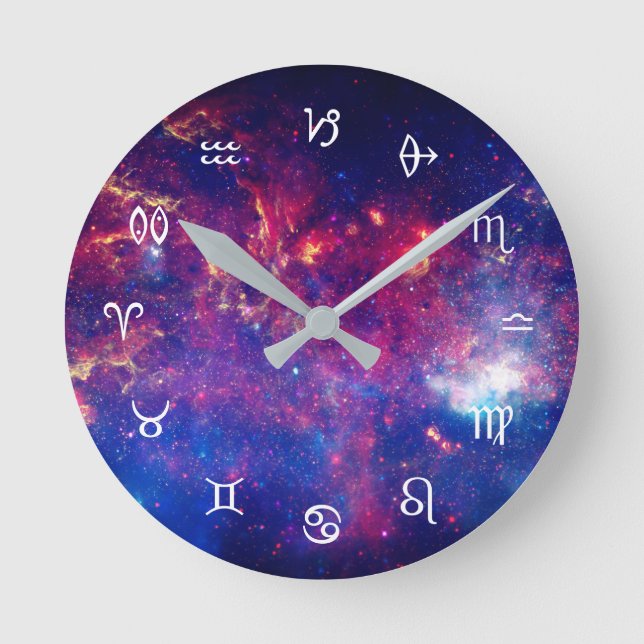 Star Signs: astrology symbols against galaxies Round Clock (Front)