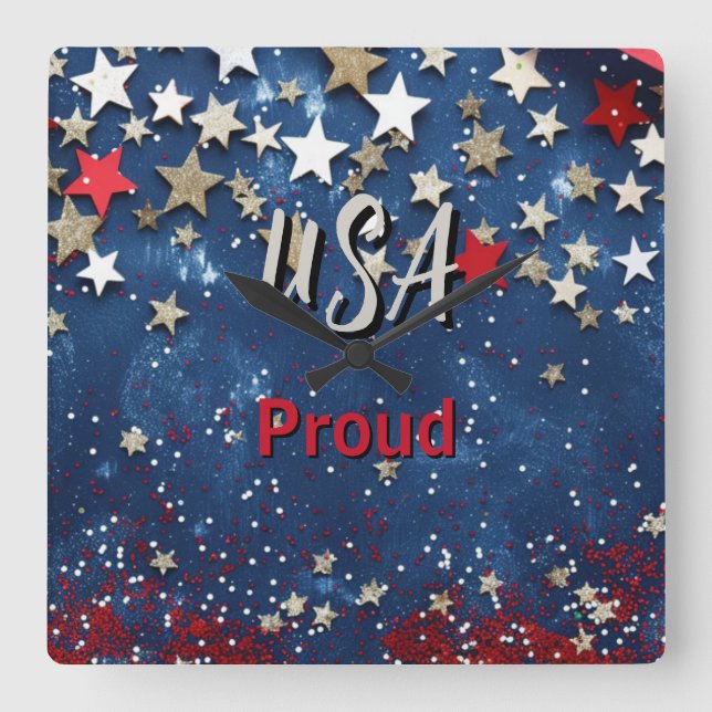Star Spangled USA Proud Square Wall Clock (Front)