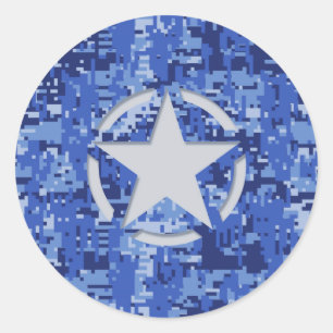 Star Stencil Retro Navy Blue Camouflage Classic Round Sticker