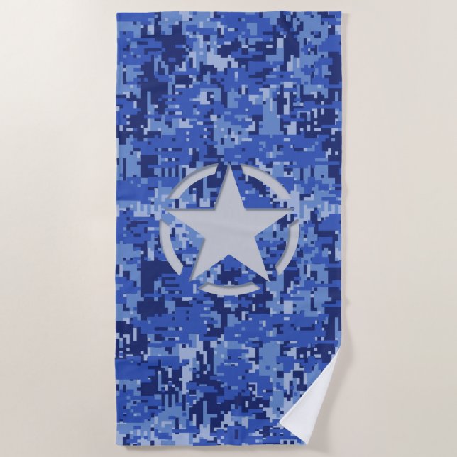 Star Stencil Retro Navy Blue Camouflage on a Beach Towel (Front)