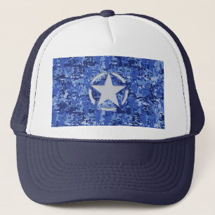 Star Stencil Retro Navy Blue Camouflage Trucker Hat
