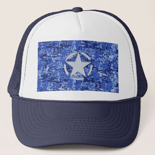 Star Stencil Retro Navy Blue Camouflage Trucker Hat (Front)