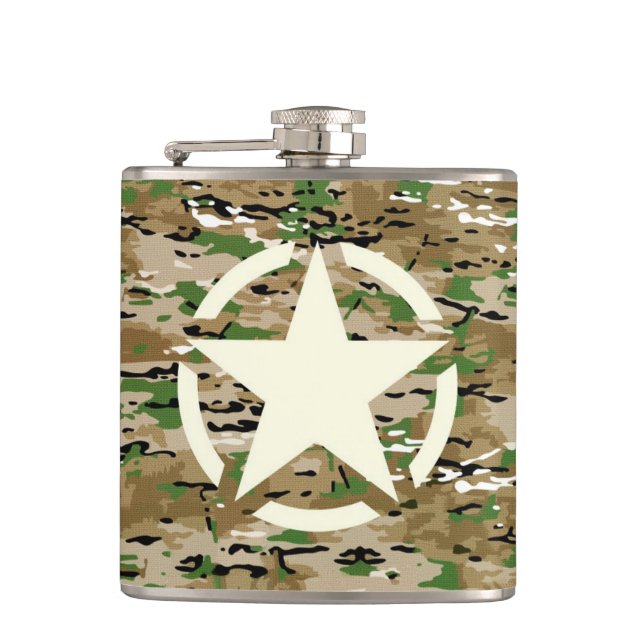 Star Stencil Vintage Burlap Camo Style Hip Flask (Front)