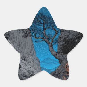 Star Sticker - Mystical Night Tree & Cliff Art