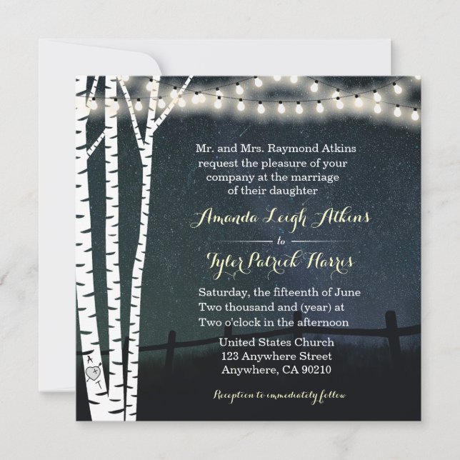 Star String Light Birch Tree Wedding Invitations (Front)