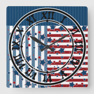 Star striped pattern in red and blue tones throw p square wall clock