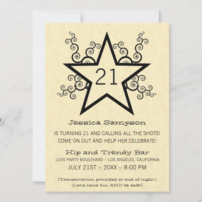 Star Swirls 21st Birthday Party Invitation, Black Invitation (Front)