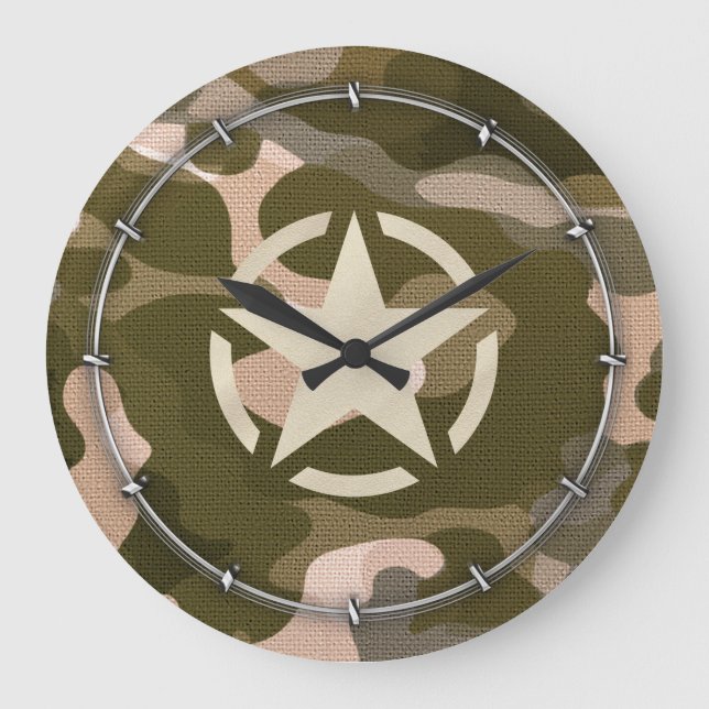 Star Tag on Burlap Camouflage Style Large Clock (Front)