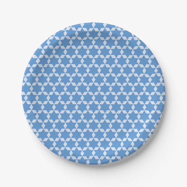 Star Tiles Geometric Hanukkah Pattern in Blue Paper Plate (Front)