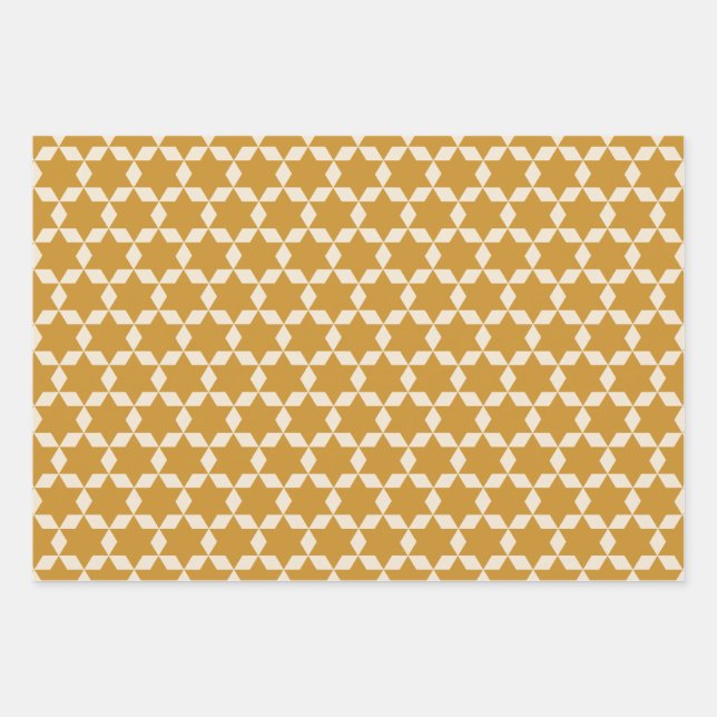 Star Tiles Pattern in Dark Mustard and Cream Wrapping Paper Sheet (Front)