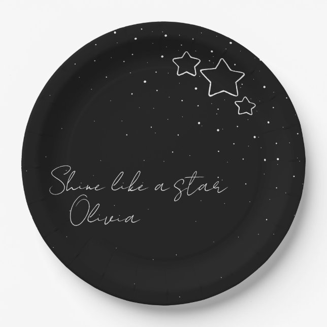 Star Trio in Black & White with message and name Paper Plate (Front)