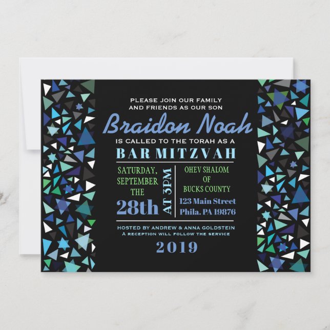 STAR WALL Bar Bat Mitzvah Invitation in Black (Front)