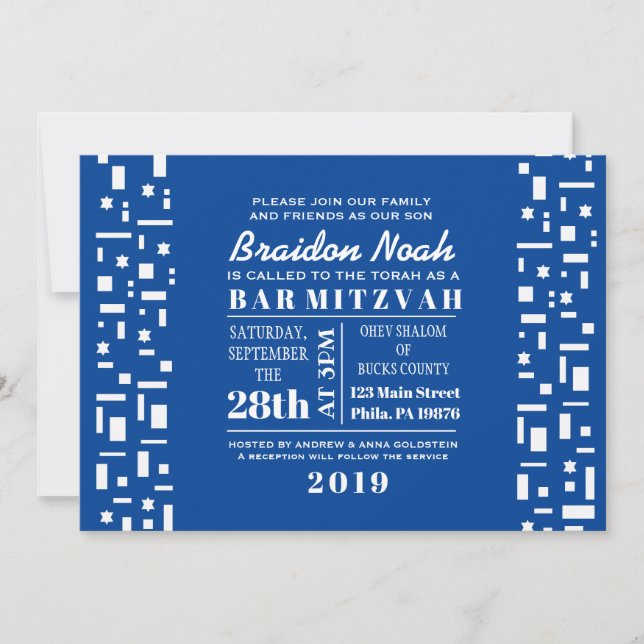 STAR WALL Bar Bat Mitzvah Invitation in Blue (Front)