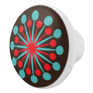 Starburst Mid Century Modern Red Turquoise Ceramic Knob