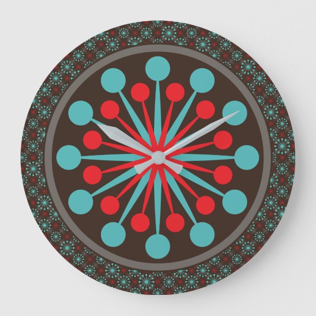 Starburst Mid Century Modern Red Turquoise Large Clock (Front)