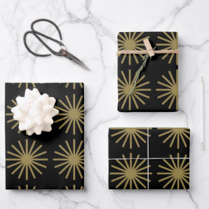 Starburst Pattern Black and Gold Wrapping Paper Sheet