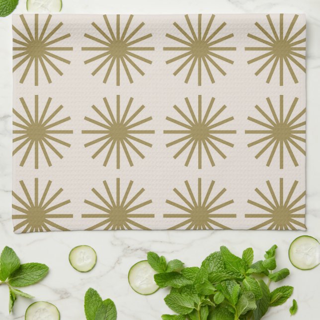 Starburst Pattern Gold & Linen White Tea Towel (Folded)