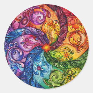 Starburst rainbow floral classic round sticker