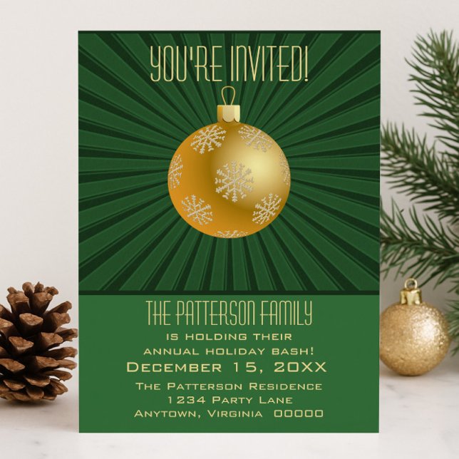 Starburst Stripes Ornament Party, Green and Gold Invitation (Green and Gold Starburst Stripes Ornament Holiday Party Invitation)