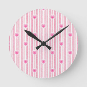 Starburst Valentine Heart on Soft Pink Stripe Round Clock