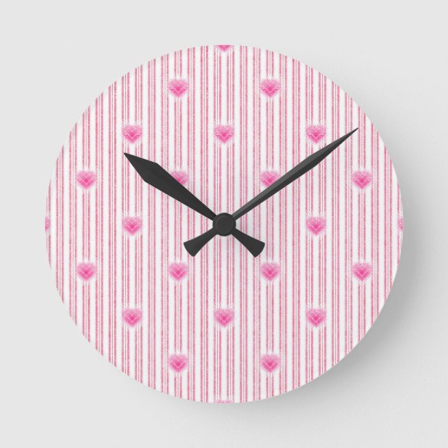 Starburst Valentine Heart on Soft Pink Stripe Round Clock (Front)