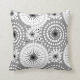 Starbursts and pinwheels, grey, black and white cushion