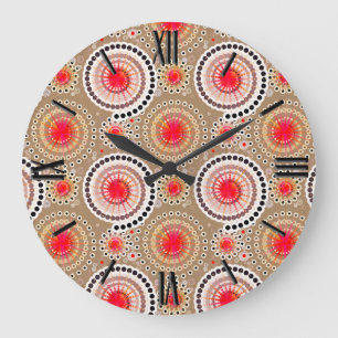 Starbursts and pinwheels, taupe, red, white large clock