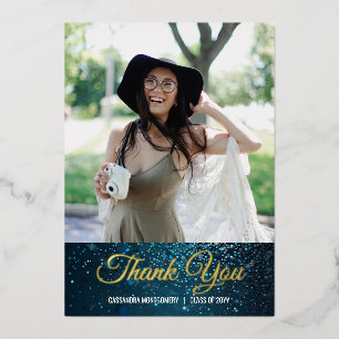 Stardust Blue Foil Photo Graduation Thank You Card