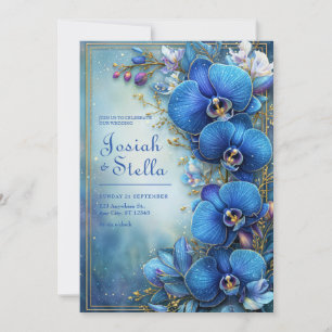 Stardust Cobalt Gilded Orchid Botanical Wedding Invitation