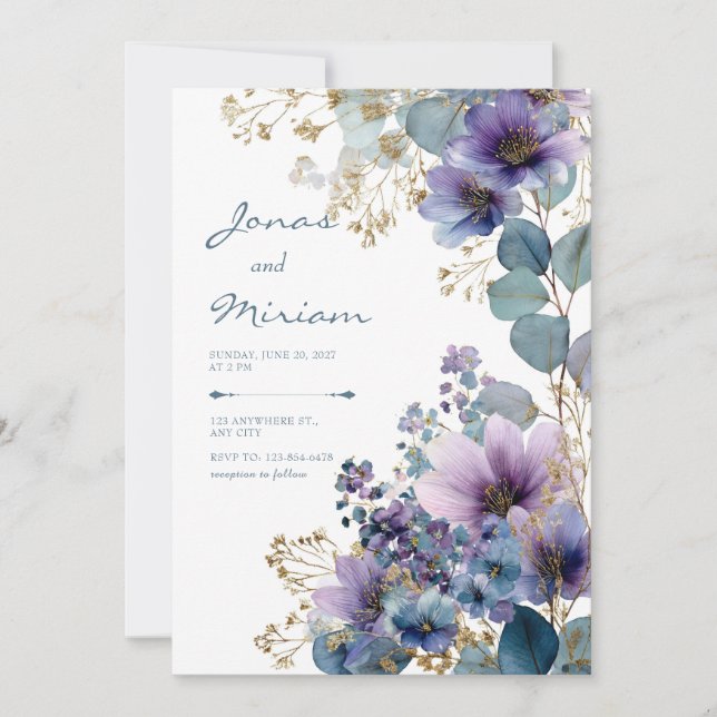 Stardust Garden Purple and Blue Floral Wedding Invitation (Front)