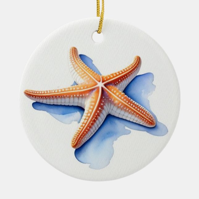 Starfish and Blue Silhouette Ceramic Tree Decoration (Front)