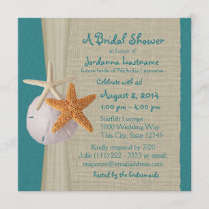 Starfish and Burlap Look Teal Bridal Shower Invitation