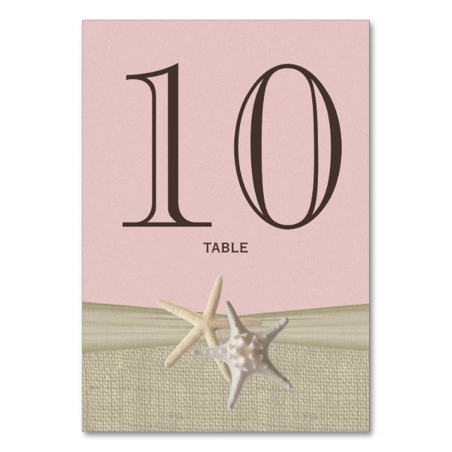 Starfish and Burlap Pink Table Number Card (Front)