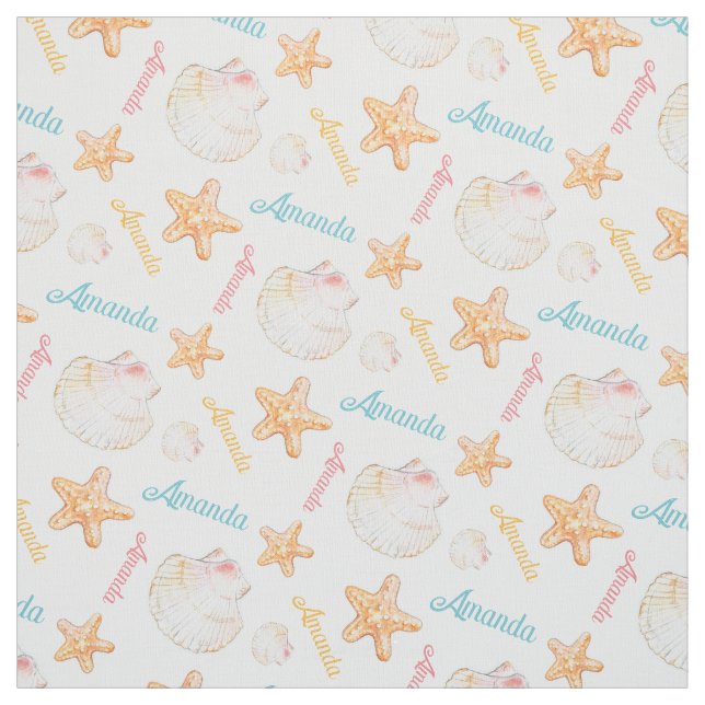Starfish and clam shells pink blue yellow fabric (Swatch)