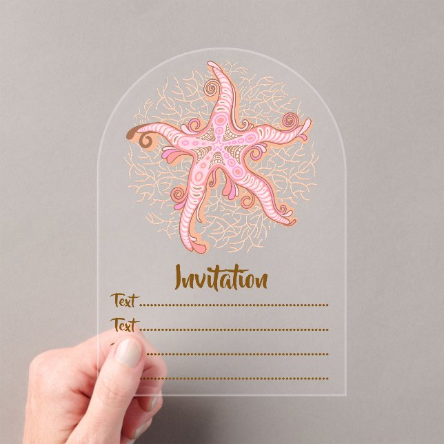 Starfish and Coral Pink Pastel Pattern Acrylic Invitations (Insitu (Handheld))