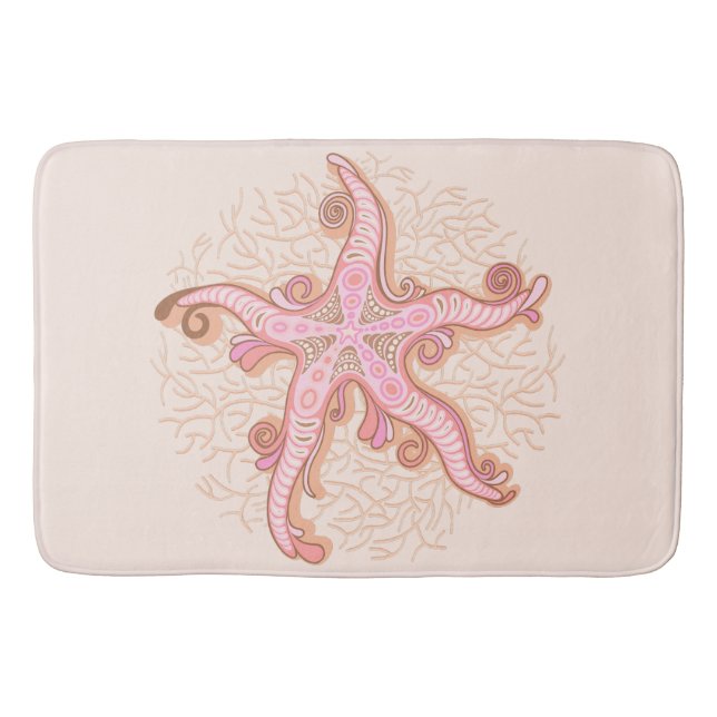 Starfish and Coral Pink Pastel Pattern Bath Mat (Front)