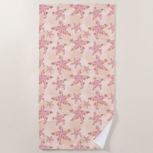 Starfish and Coral Pink Pastel Pattern Beach Towel