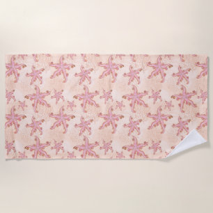 Starfish and Coral Pink Pastel Pattern Beach Towel