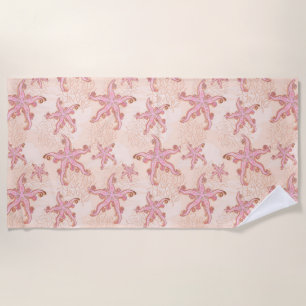 Starfish and Coral Pink Pastel Pattern Beach Towel