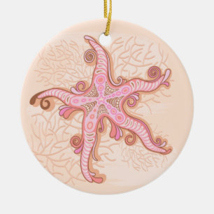 Starfish and Coral Pink Pastel Pattern Ceramic Tree Decoration
