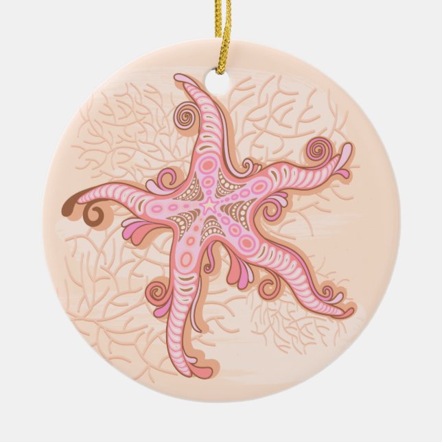 Starfish and Coral Pink Pastel Pattern Ceramic Tree Decoration (Front)