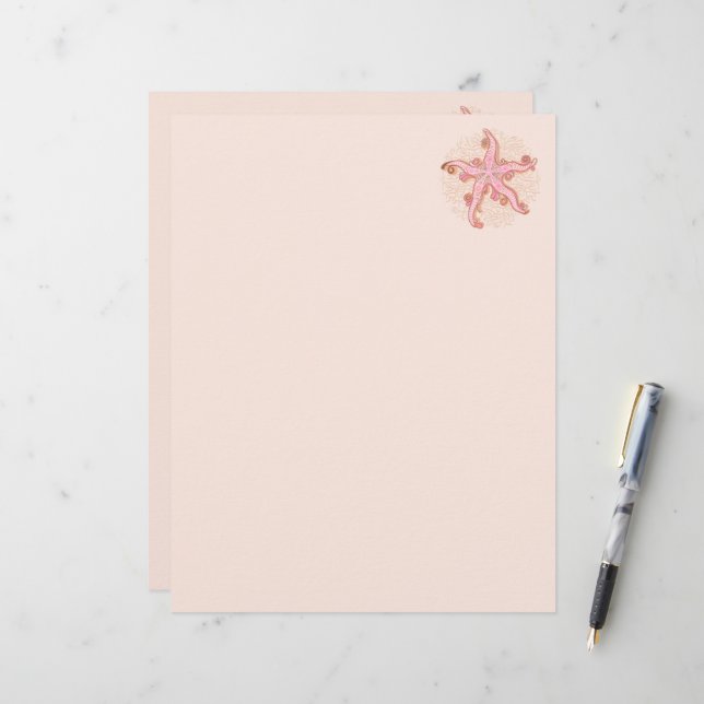 Starfish and Coral Pink Pastel Pattern Custom Letterhead (Front/Back In Situ)