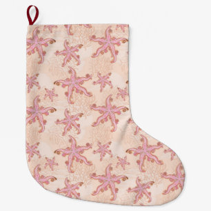 Starfish and Coral Pink Pastel Pattern Large Christmas Stocking