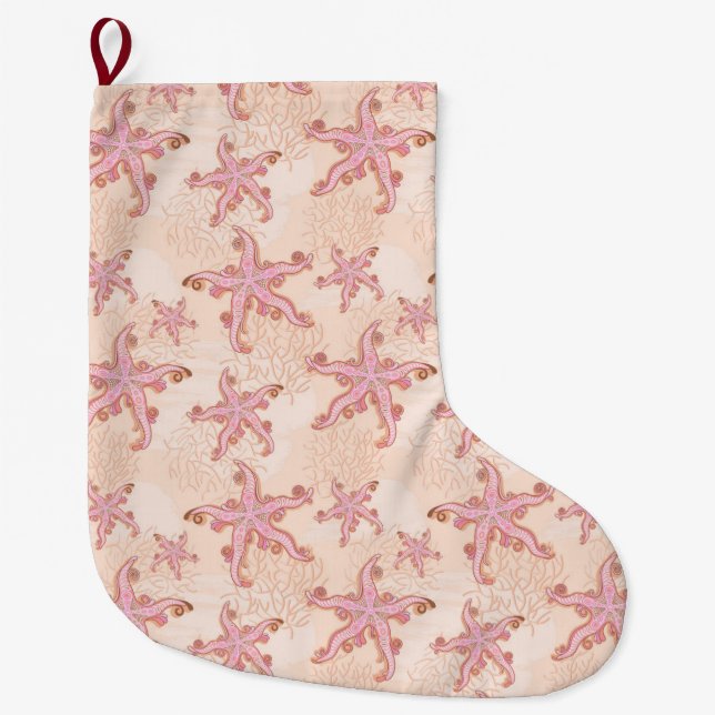 Starfish and Coral Pink Pastel Pattern Large Christmas Stocking (Front)