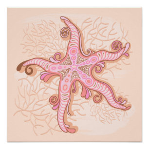 Starfish and Coral Pink Pastel Pattern Poster